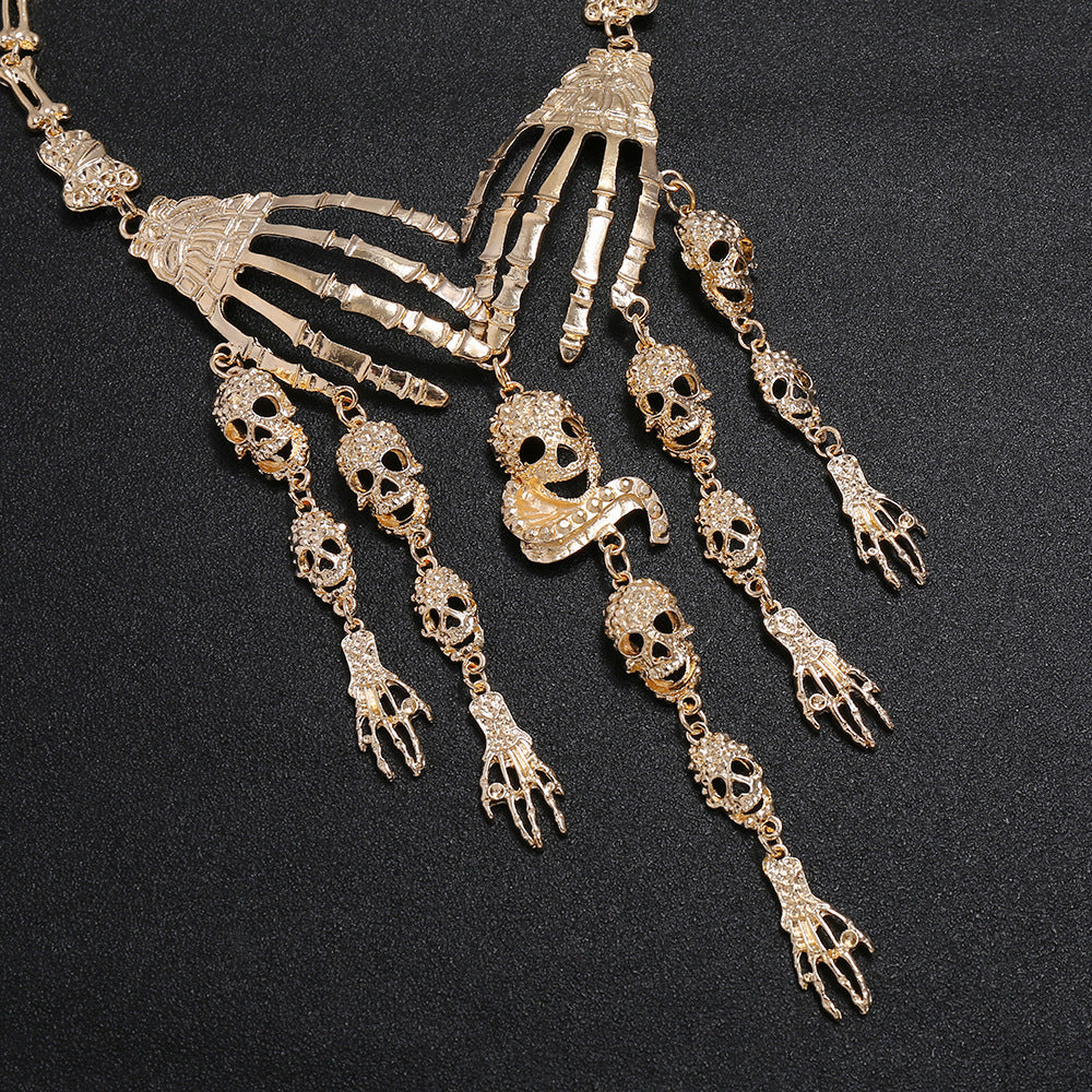 Wholesale Gothic Halloween Exaggerated Ghost Hand Multi-layer Skull Head Alloy Necklace
